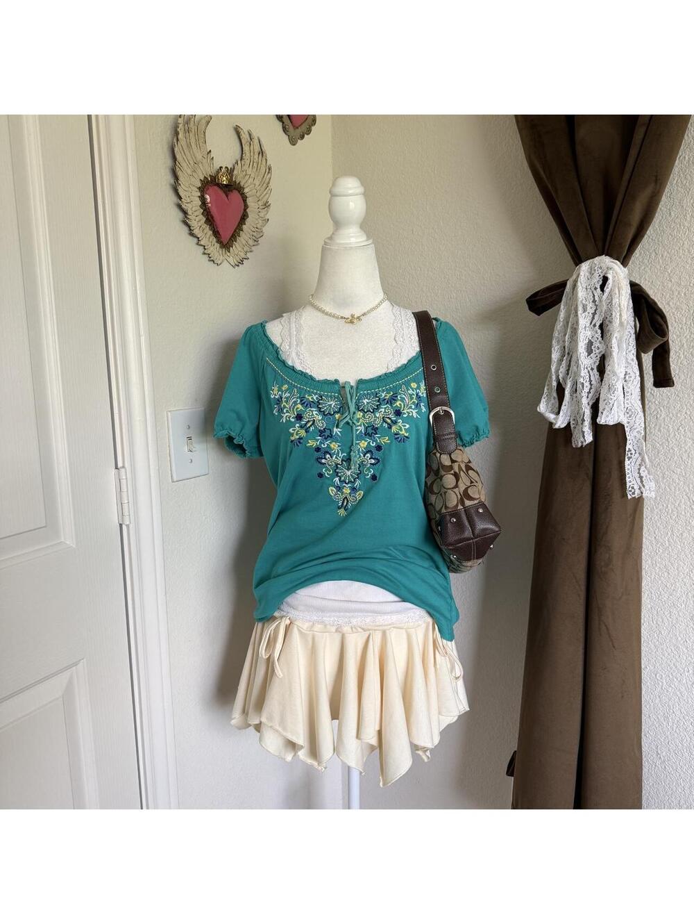JM Collection Blue Embroidered Peasant Short Sleeve Blouse Bohemian Hippie